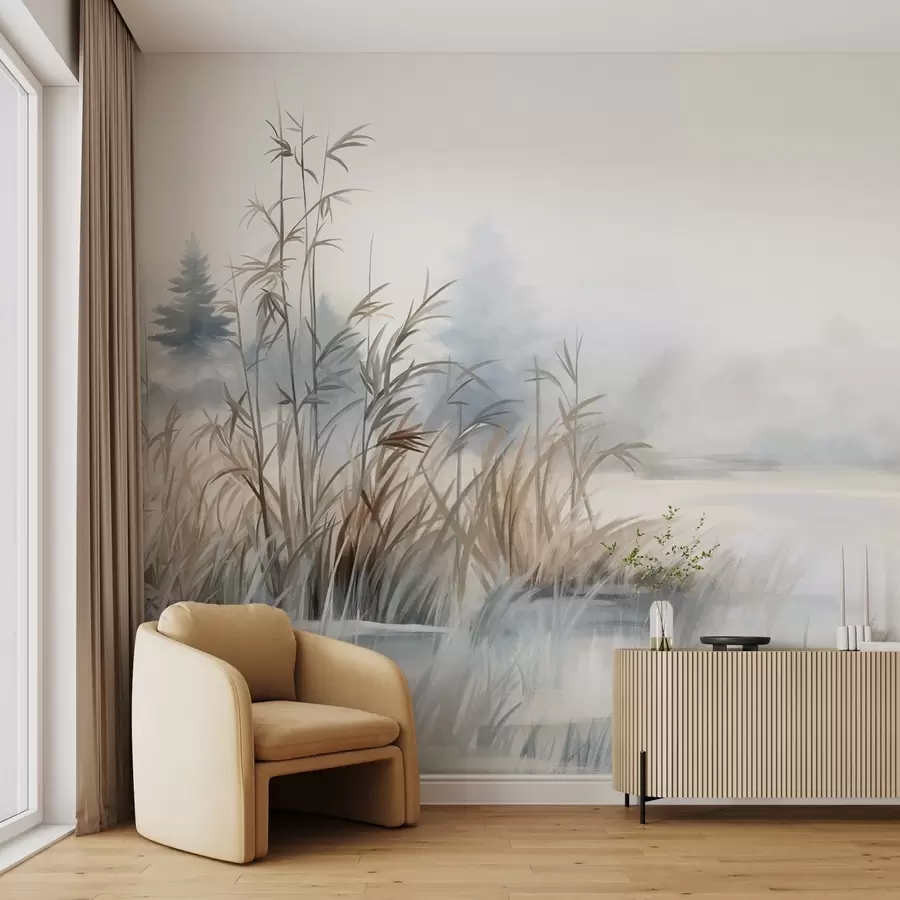 Fototapet Texturerat landskap av en sjö med högt gräs i förgrunden, mjukt blått och brunt, lugnt vatten, träd i fjärran w09137