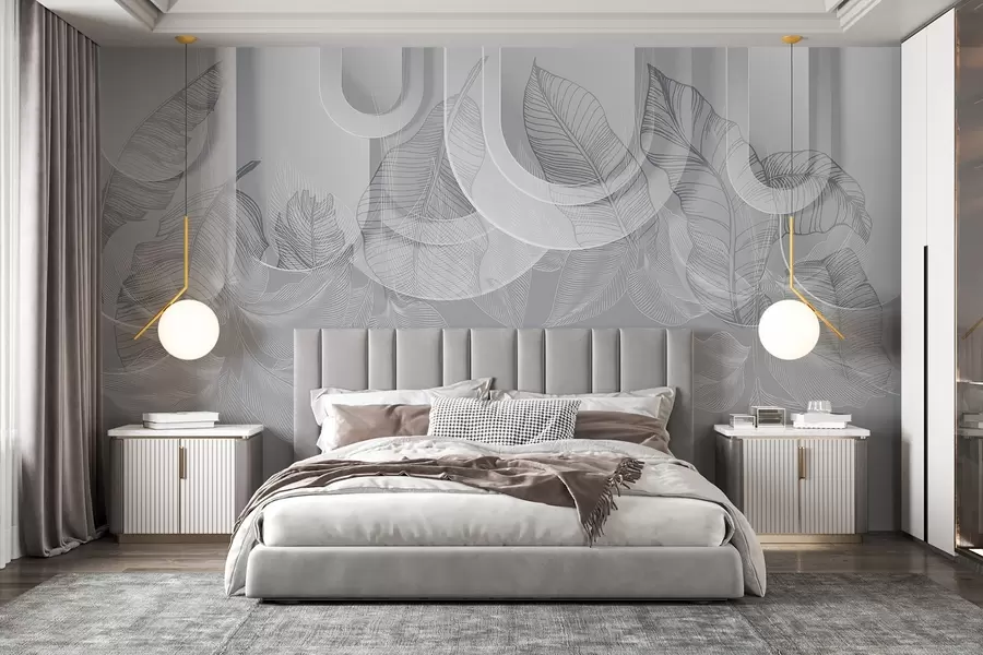 Fototapet Abstrakt bakgrund med grå valvbågar och vita tropiska blad, minimalistisk design, elegant och modern, neutral färgpalett w09138