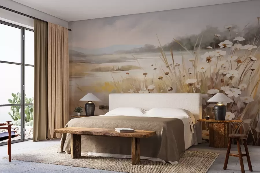 Fototapet Fält med högt gräs och vita prästkragar, träd i bakgrunden, under en molnig himmel, texturerat landskap, mjuka penseldrag w09139