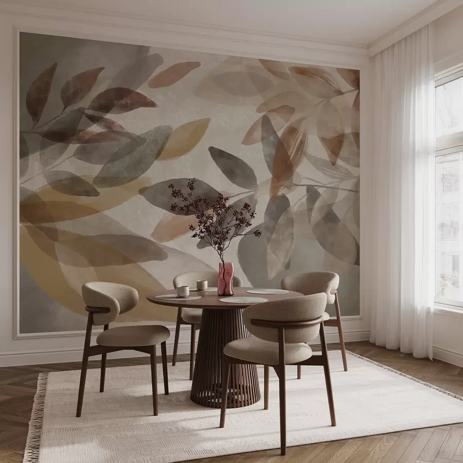 Fototapet Abstrakt texturerade blad i dämpade bruna, beige och grå toner, transparenta former, minimalistisk stil, organiska former w09140