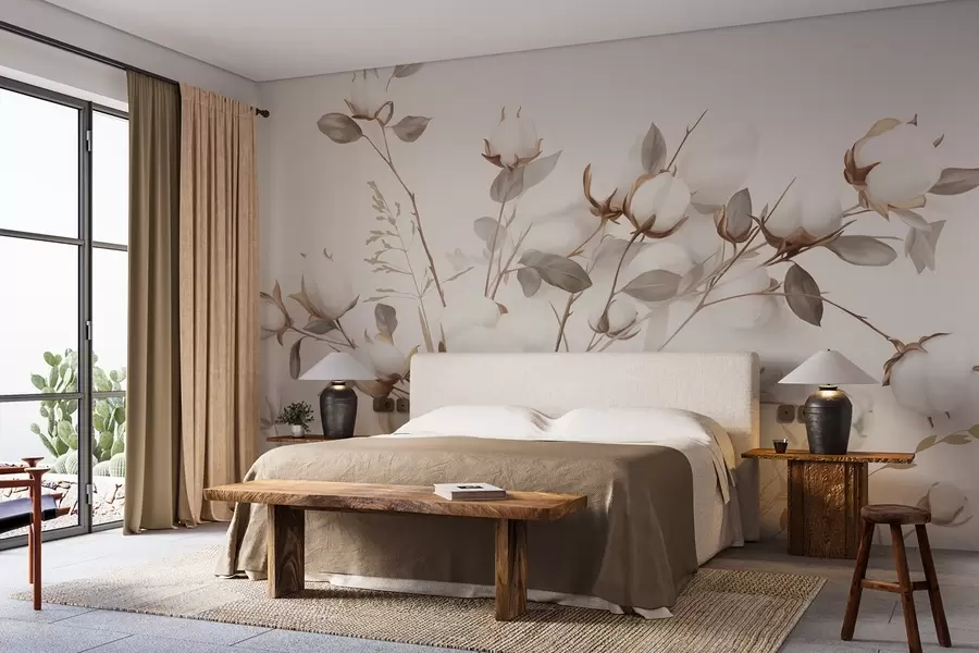 Fototapet Bomullsblommor med stjälkar och blad i en ljusbrun färgpalett, beige bakgrund, mjuk och skir, akvarellstil w09141