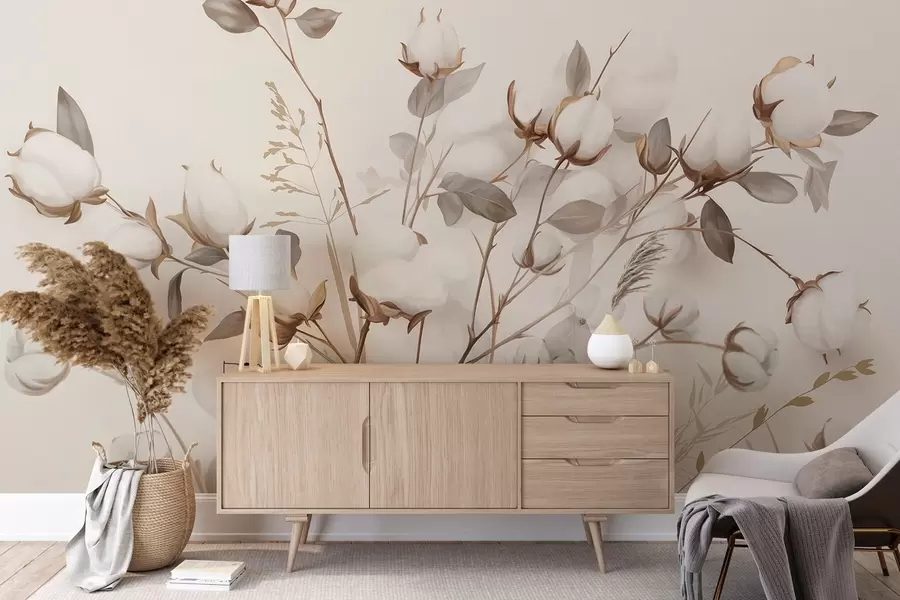 Fototapet Bomullsblommor med stjälkar och blad i en ljusbrun färgpalett, beige bakgrund, mjuk och skir, akvarellstil w09141