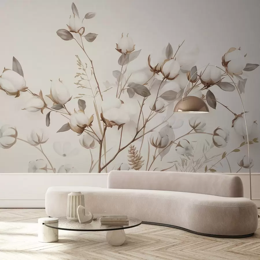 Fototapet Bomullsblommor med stjälkar och blad i en ljusbrun färgpalett, beige bakgrund, mjuk och skir, akvarellstil w09141