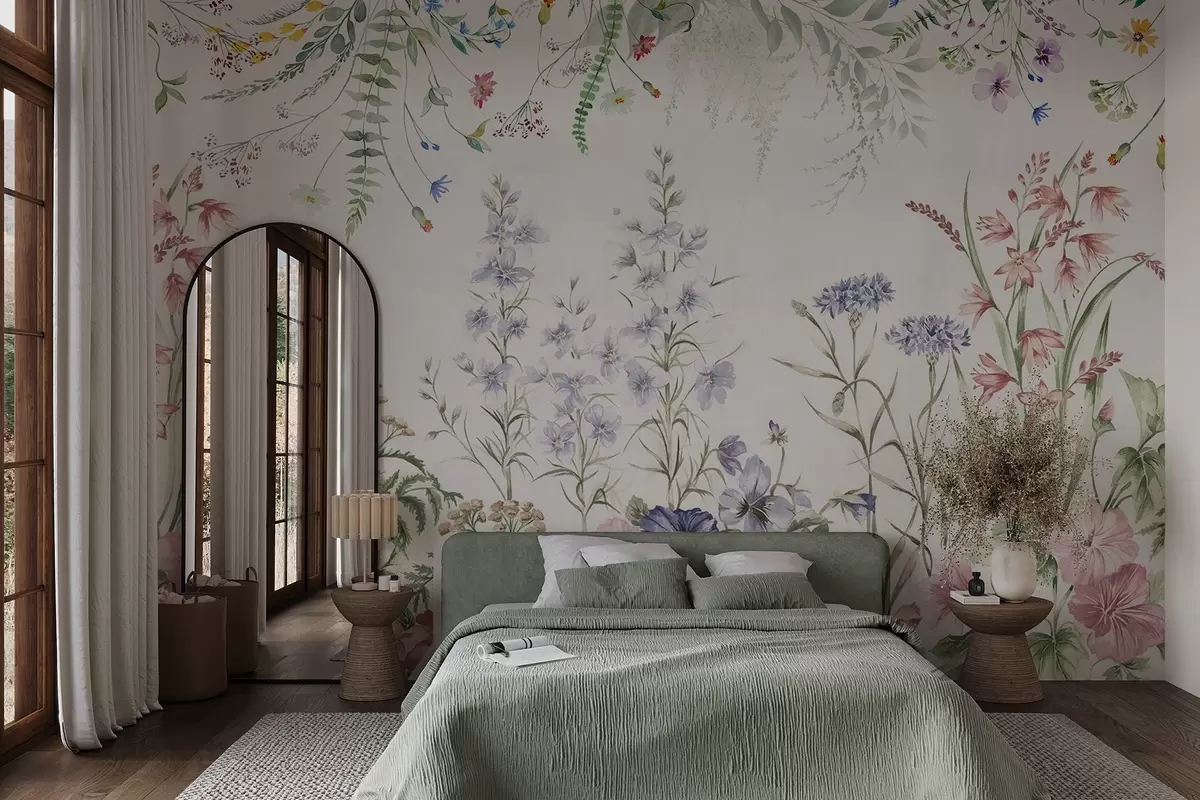 Fototapet Blommigt texturarrangemang med färgglada blommor och gröna blad, botanisk illustration, mjuka pastellfärger, vintagestil w09143