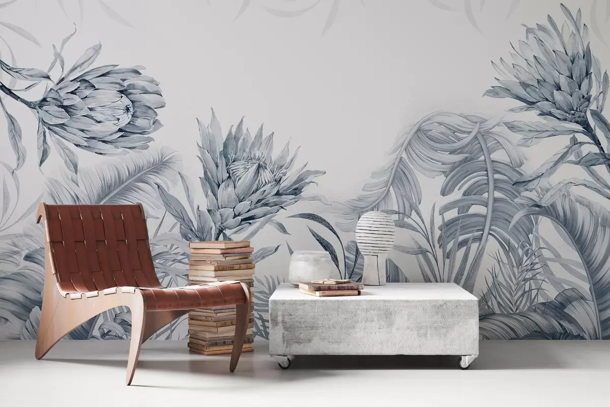 Fototapet Protea bland tropiska blad, gröna nyanser w03952v2