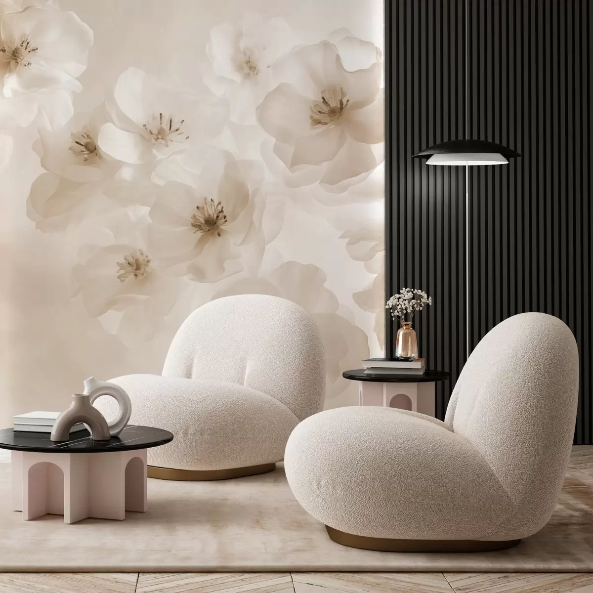 Fototapet Delikata stora blommor, nyanser av beige w03931v2