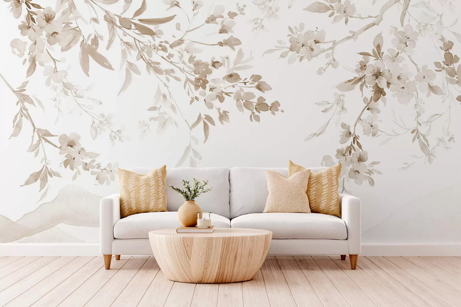 Fototapet Blommande grenar, imitation av akvarell, beige nyanser w03935v2