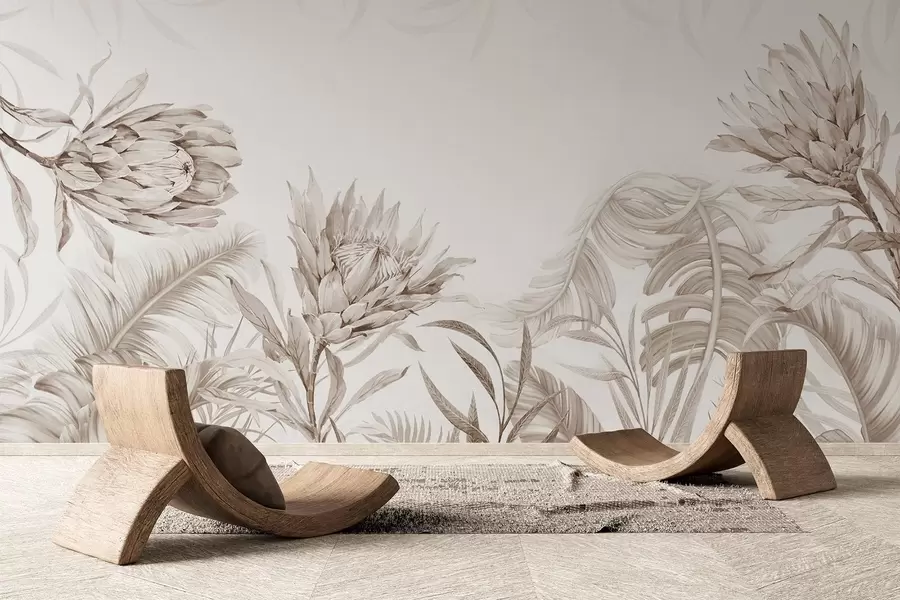 Fototapet Protea bland tropiska blad, beige nyanser w03952