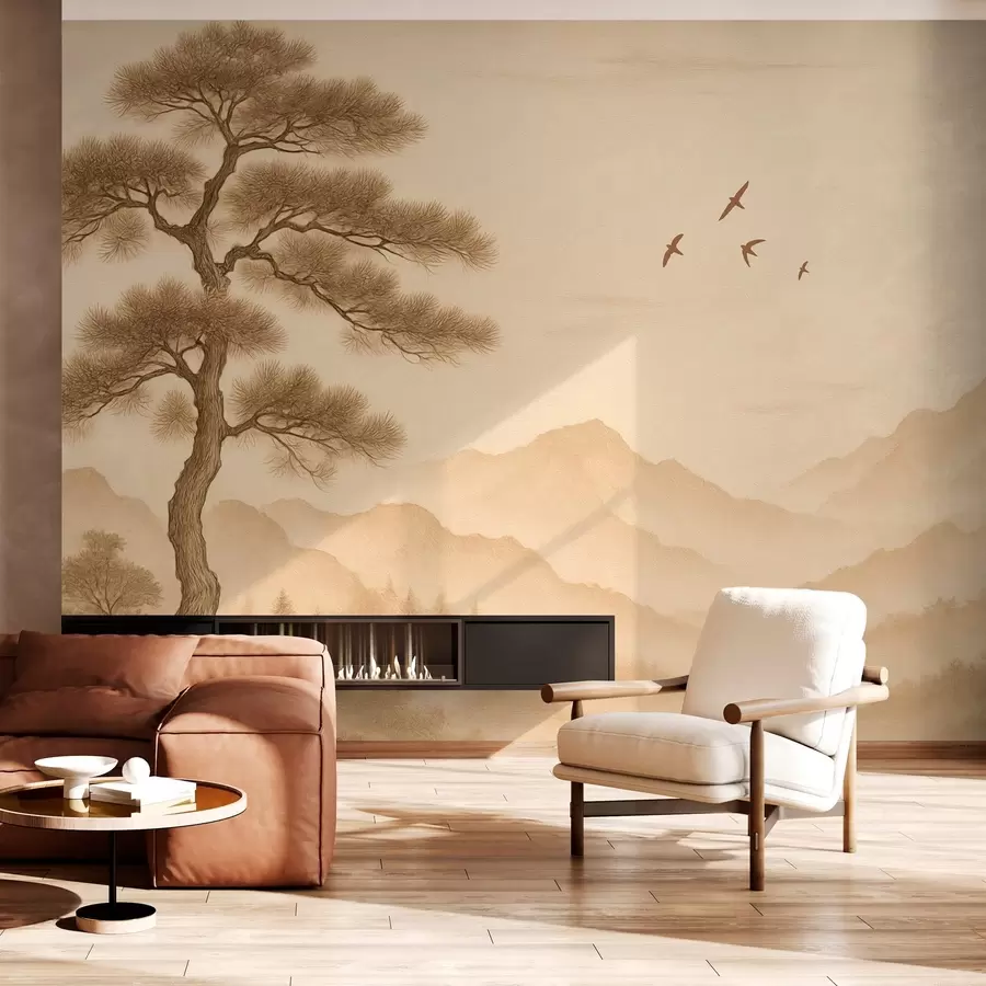 Fototapet panorama över kullarna med ett stort träd i sepia-stil w04033