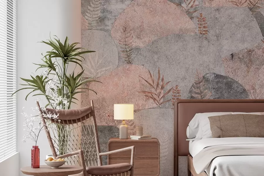 Fototapet Stenar med växter, ormbunke, nordisk, rustik stil, grå och rosa färger w04064v1