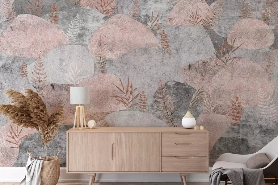 Fototapet Stenar med växter, ormbunke, nordisk, rustik stil, grå och rosa färger w04064v1