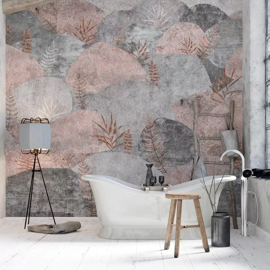 Fototapet Stenar med växter, ormbunke, nordisk, rustik stil, grå och rosa färger w04064v1