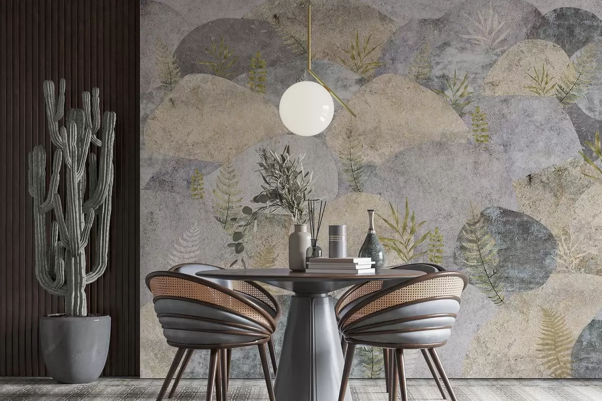 Fototapet Stenar med växter, ormbunke, nordisk, rustik stil, grå och sandfärger w04064