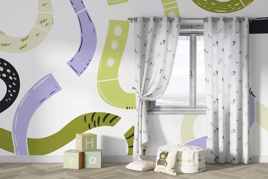 Fototapet Abstrakta teckningar, ungdomlig, klotter, grön, lila w04066v1