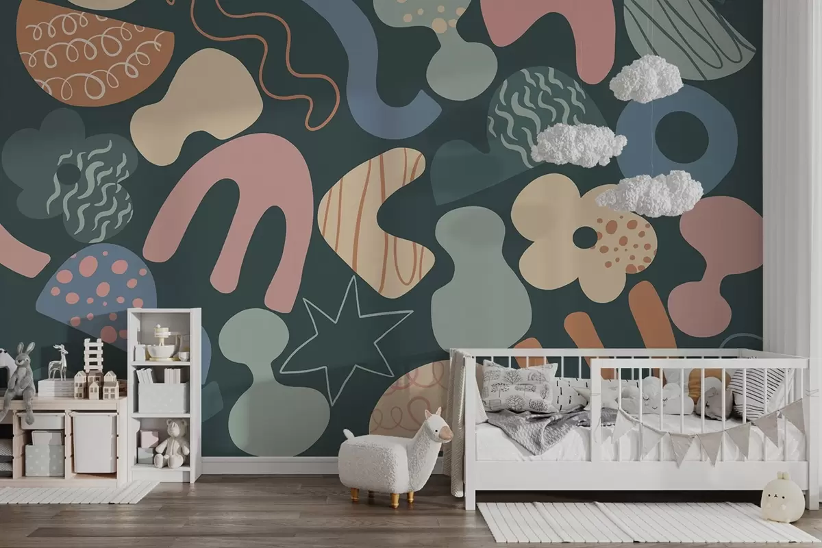 Fototapet Geometriska figurer med klotter ritning, ungdomlig, mörkgrön bakgrund   w04068v3