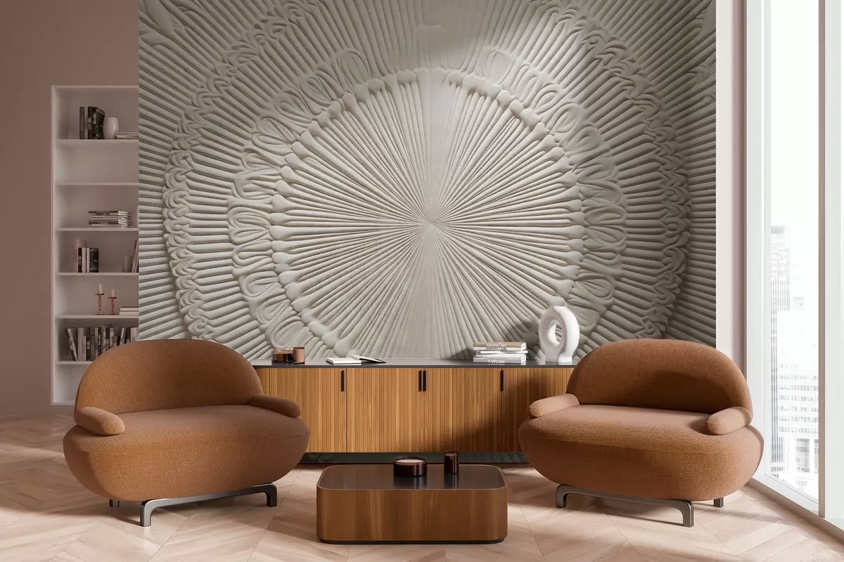 Fototapet Abstrakt texturerat cirkulärt tryck med radiella linjer och dekorativa element, symmetrisk design, relieftextur w09154