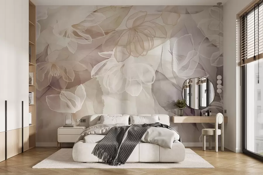 Fototapet Blommor och blad med genomskinliga kronblad i nyanser av vitt, beige och lila, mjuka och skira w09158