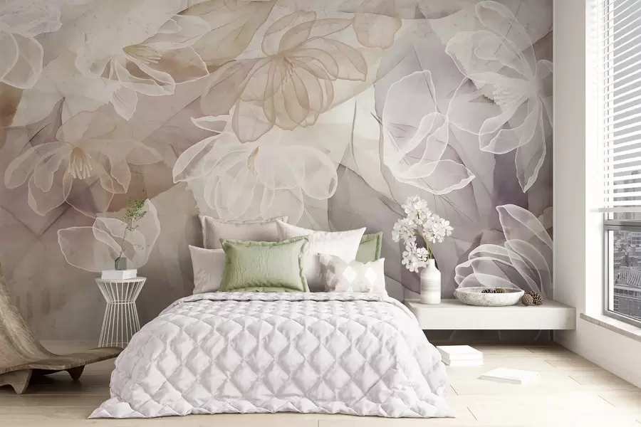 Fototapet Blommor och blad med genomskinliga kronblad i nyanser av vitt, beige och lila, mjuka och skira w09158