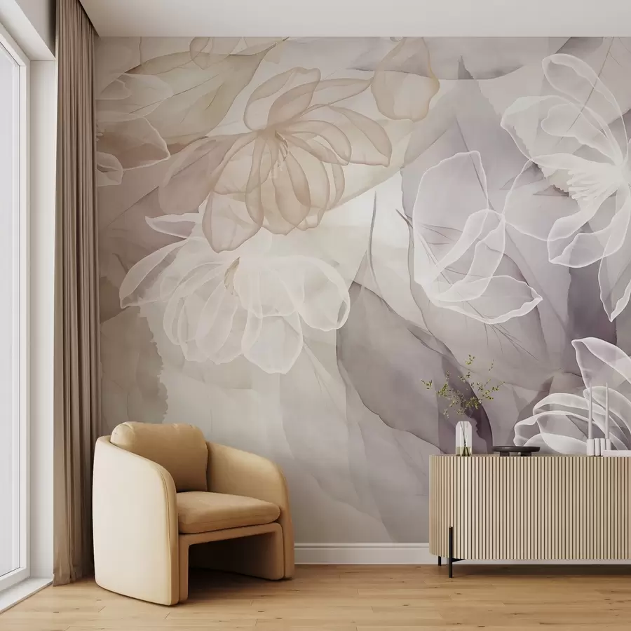 Fototapet Blommor och blad med genomskinliga kronblad i nyanser av vitt, beige och lila, mjuka och skira w09158