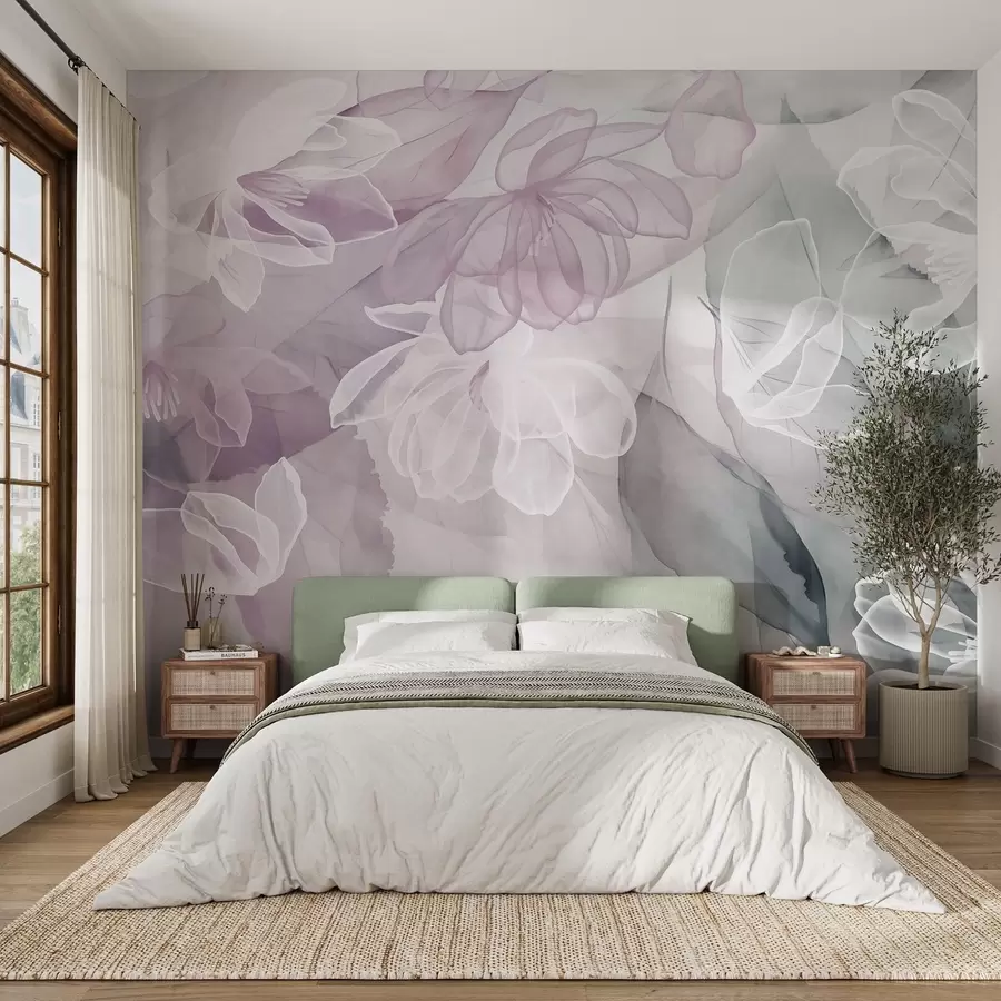 Fototapet Blommor och blad med genomskinliga kronblad i nyanser av vitt, rosa och grönt, mjuka och skira w09158v1