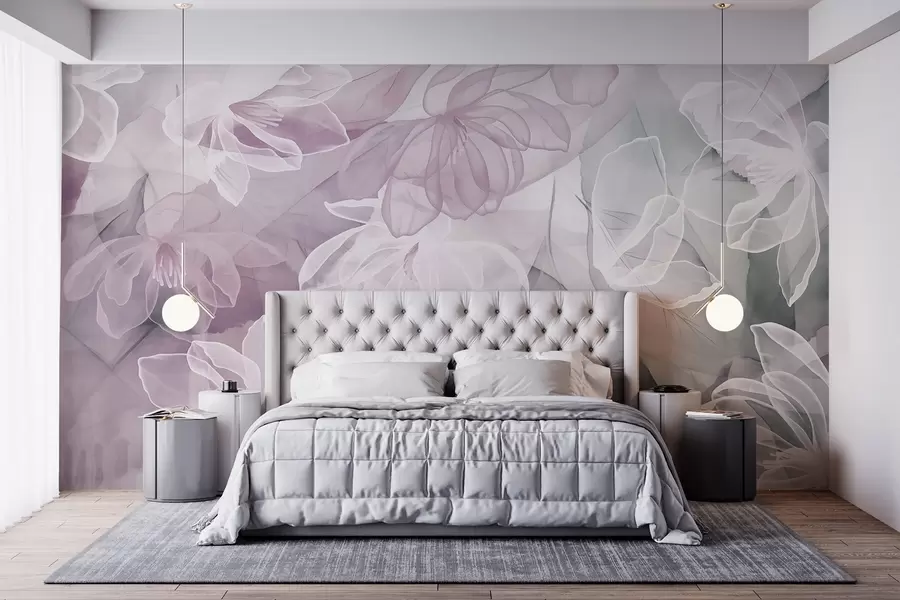 Fototapet Blommor och blad med genomskinliga kronblad i nyanser av vitt, rosa och grönt, mjuka och skira w09158v1