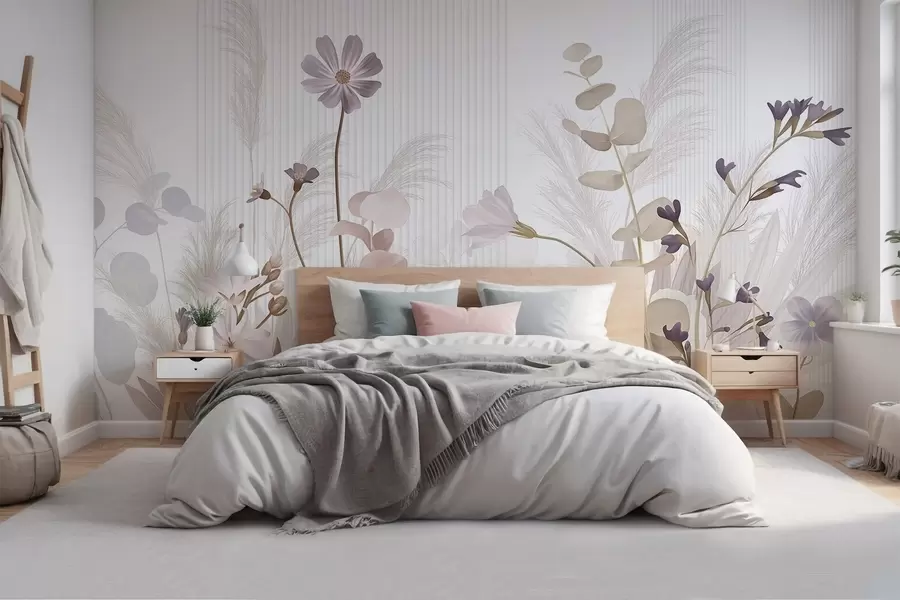 Fototapet Blommor i pastellfärger, ljusbruna blad, vit bakgrund med vertikala linjer, elegant och minimalistisk  w09161