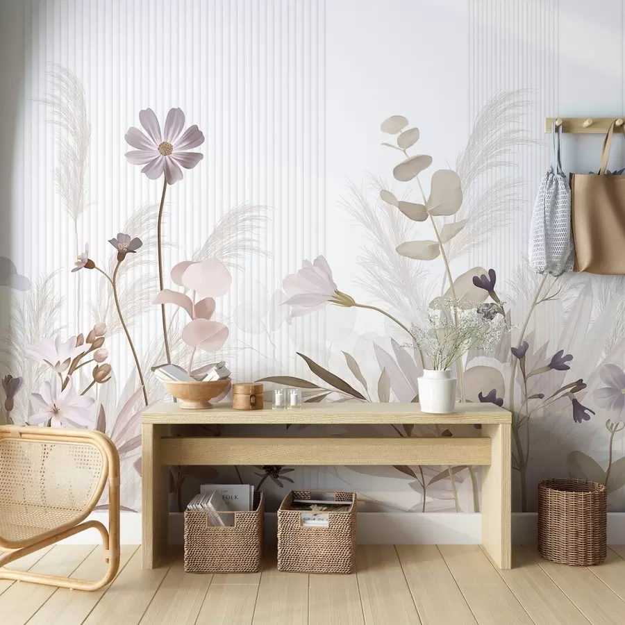 Fototapet Blommor i pastellfärger, ljusbruna blad, vit bakgrund med vertikala linjer, elegant och minimalistisk  w09161