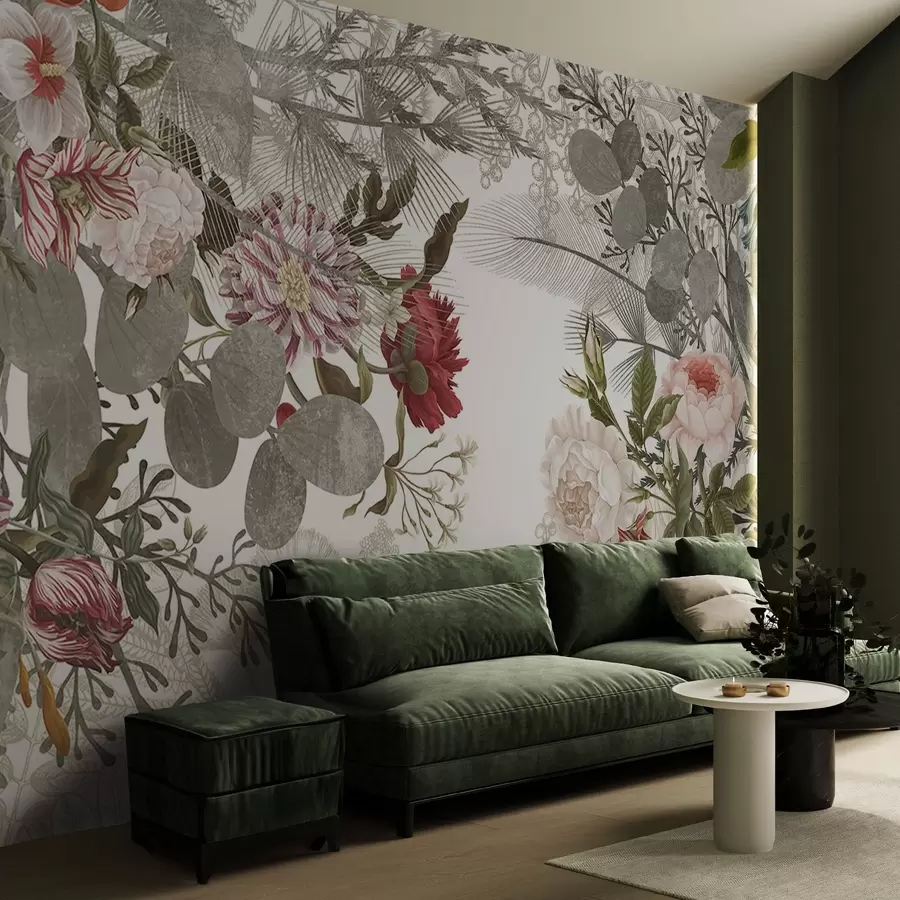 Fototapet Vintage-blomarrangemang med rosor, eukalyptus och mimosa i dämpade gröna, röda och rosa nyanser w09164v1