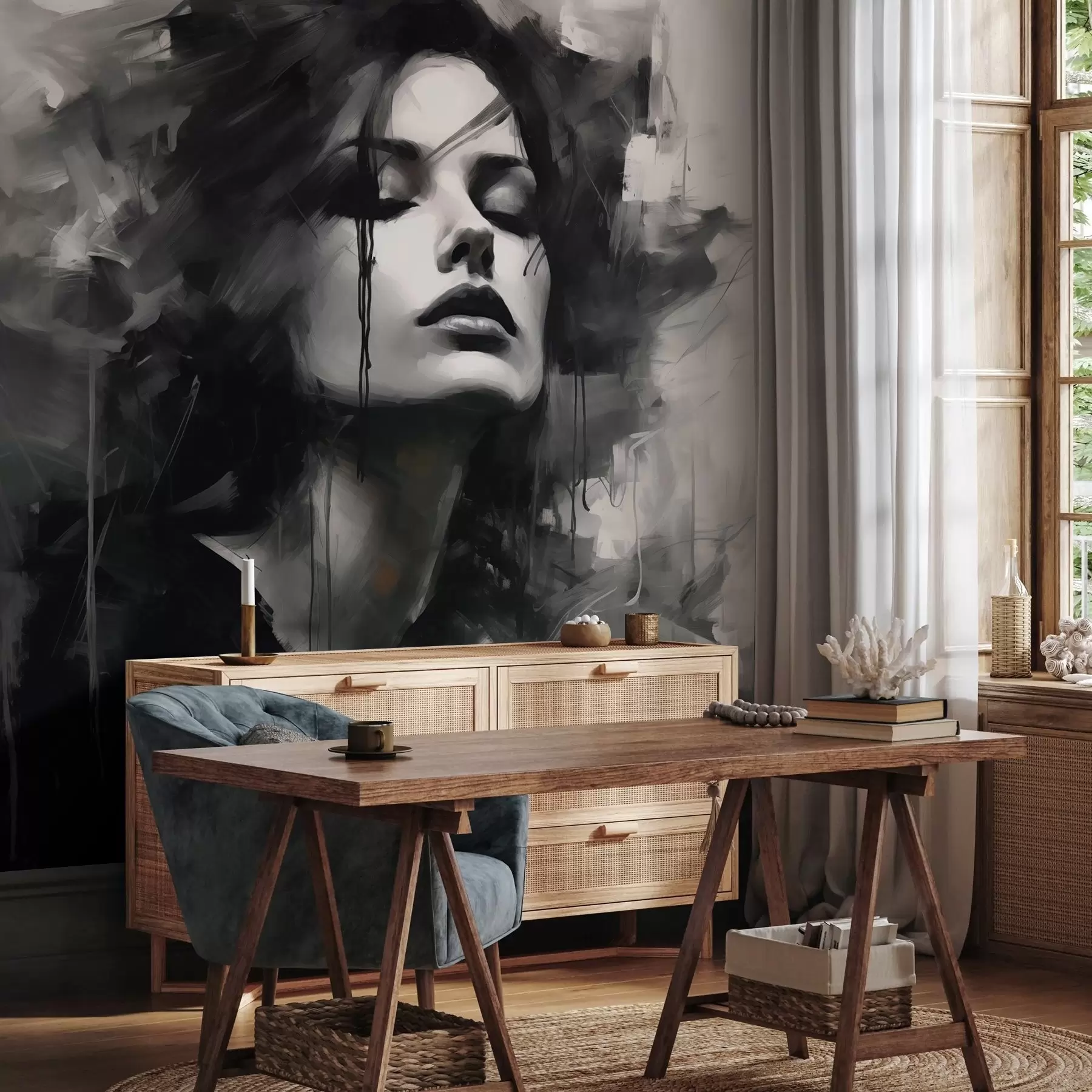 Fototapet Porträtt av en kvinna i grå och svarta plagg w04049