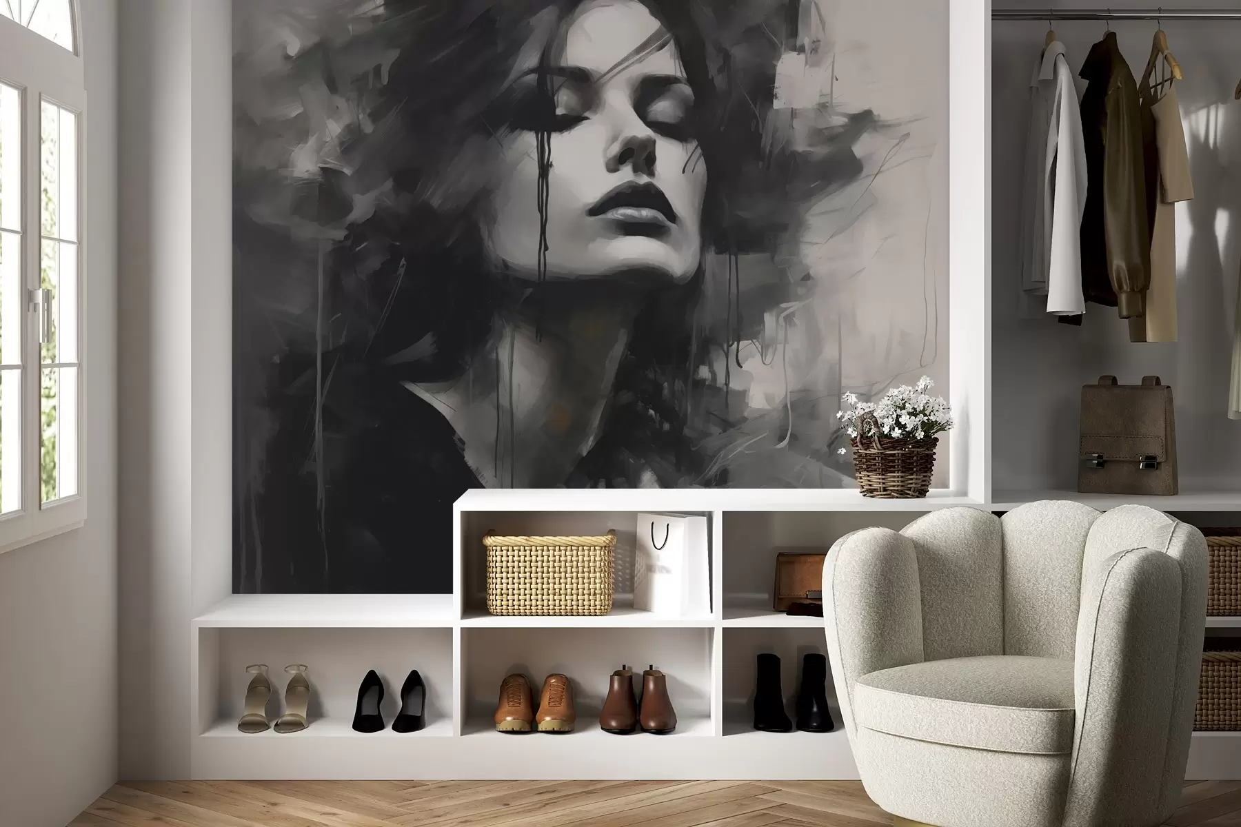 Fototapet Porträtt av en kvinna i grå och svarta plagg w04049