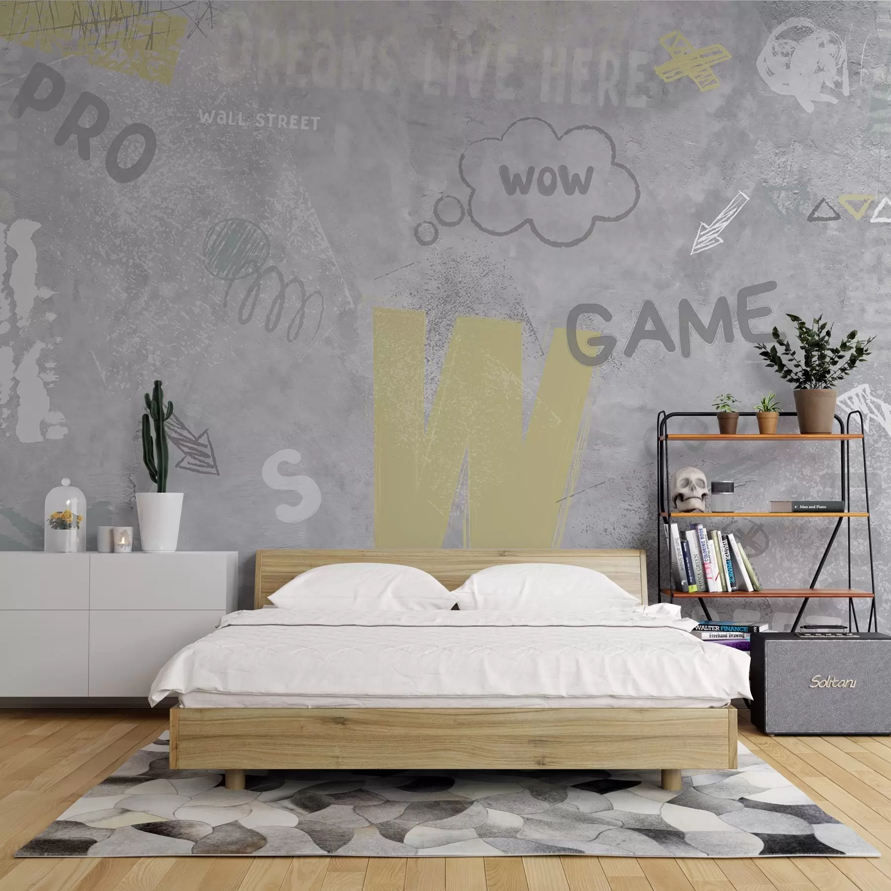 Fototapet Design i gatukonststil med gula färginskriptioner på bakgrunden av betongvägg w04056