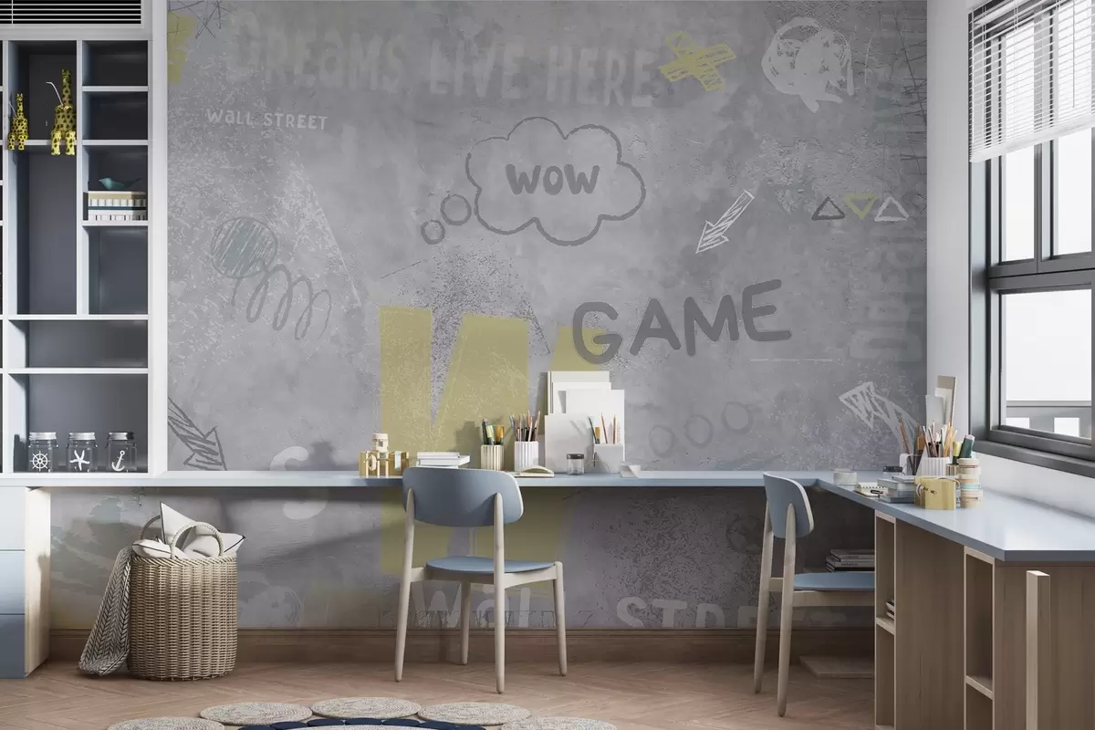 Fototapet Design i gatukonststil med gula färginskriptioner på bakgrunden av betongvägg w04056