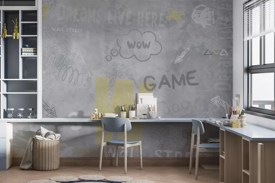 Fototapet Design i gatukonststil med gula färginskriptioner på bakgrunden av betongvägg w04056