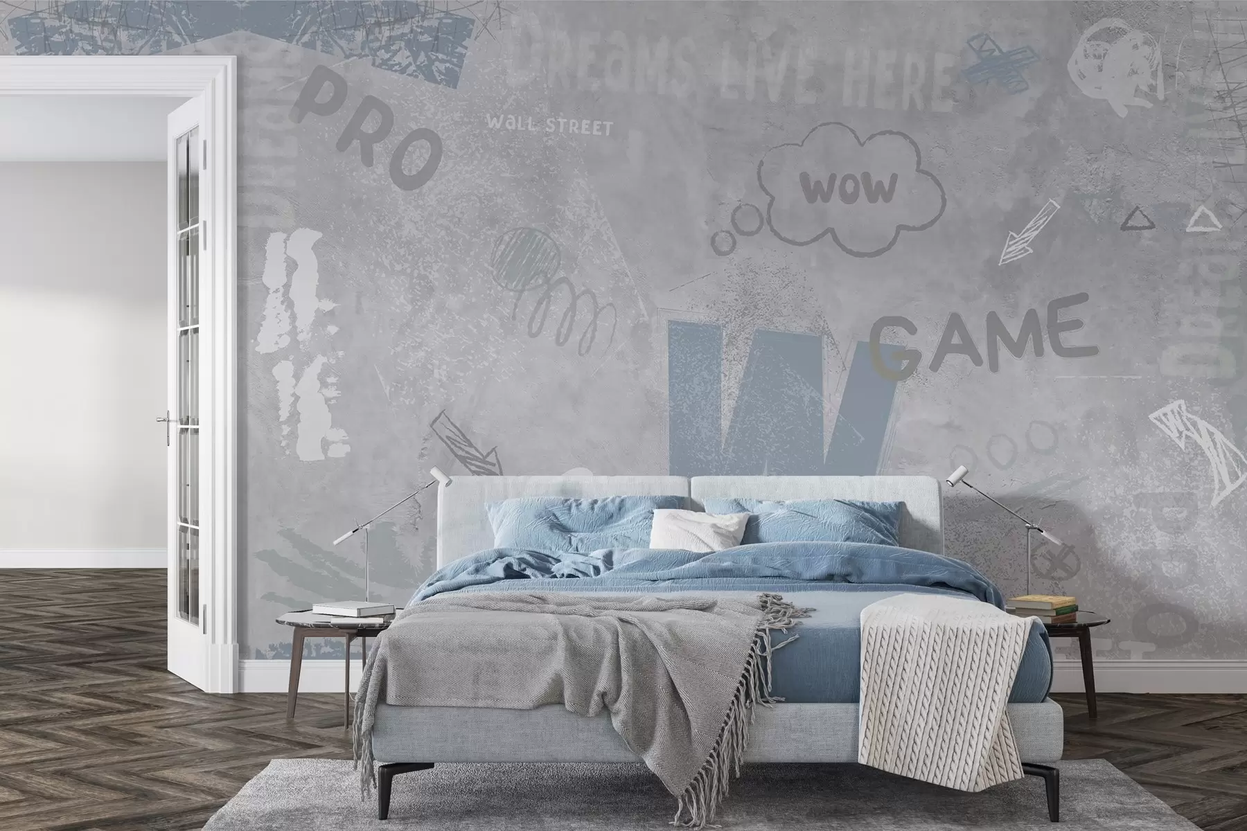 Fototapet Design i gatukonststil med blå färginskriptioner på bakgrunden av betongvägg w04056v1