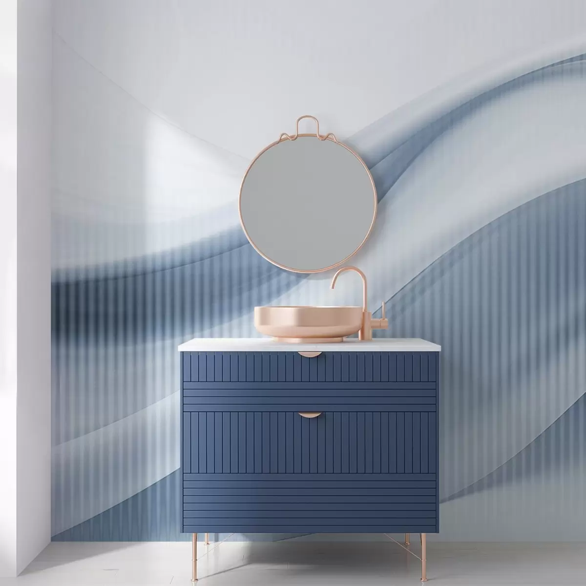 Fototapet Abstrakt tryck med böljande linjer och subtila vertikala ränder som skapar en känsla av rörelse och djup, blå palett w09189v1