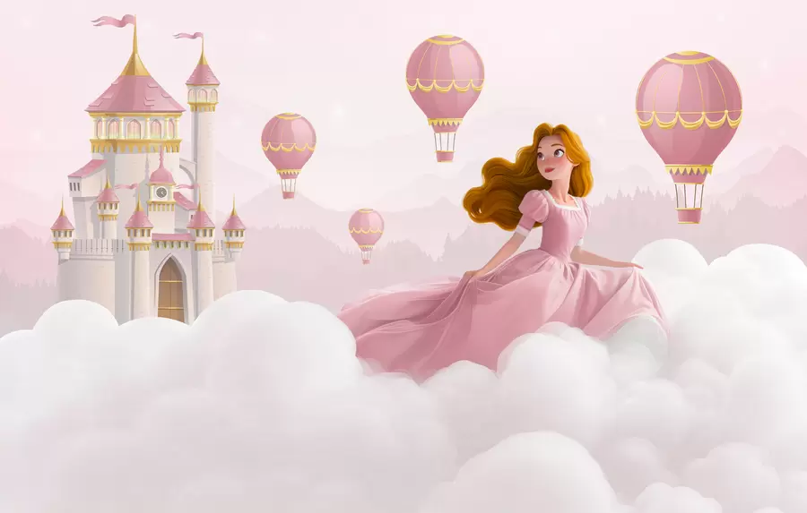 Fototapet Prinsessan bland molnen på bakgrunden av landskapet med slottet w04015v1