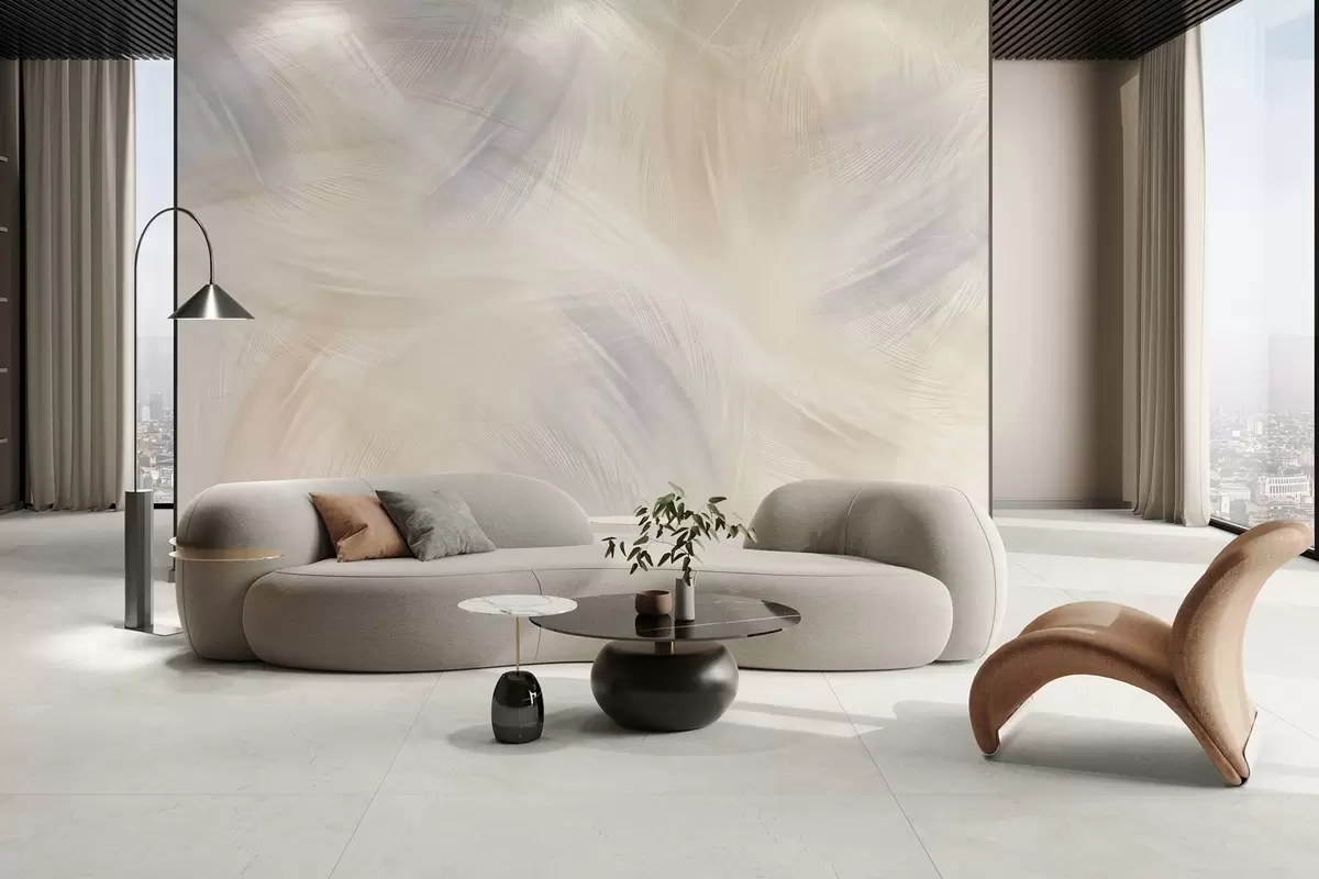 Fototapet luftiga fjädrar i nyanser av blått och beige w04071v2