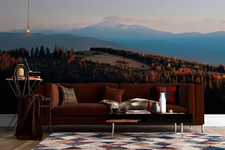 Fototapet Karpaternas berg, oljestil textur, höstskog, solnedgång himmel w04098