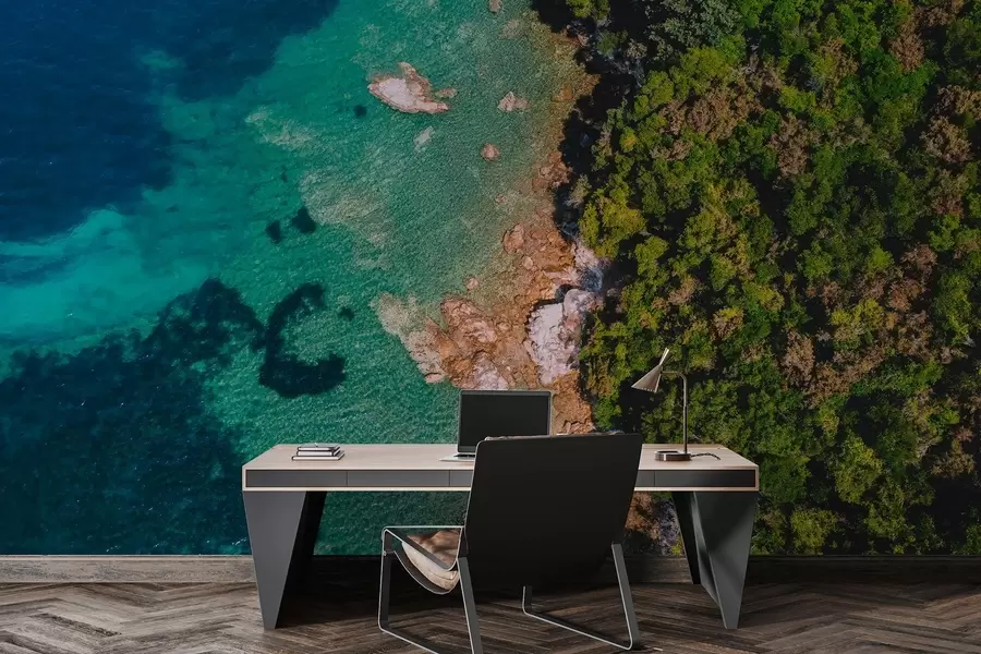 Fototapet Spaniens havskust med havsvatten, tallskog, luftfotografering w04099