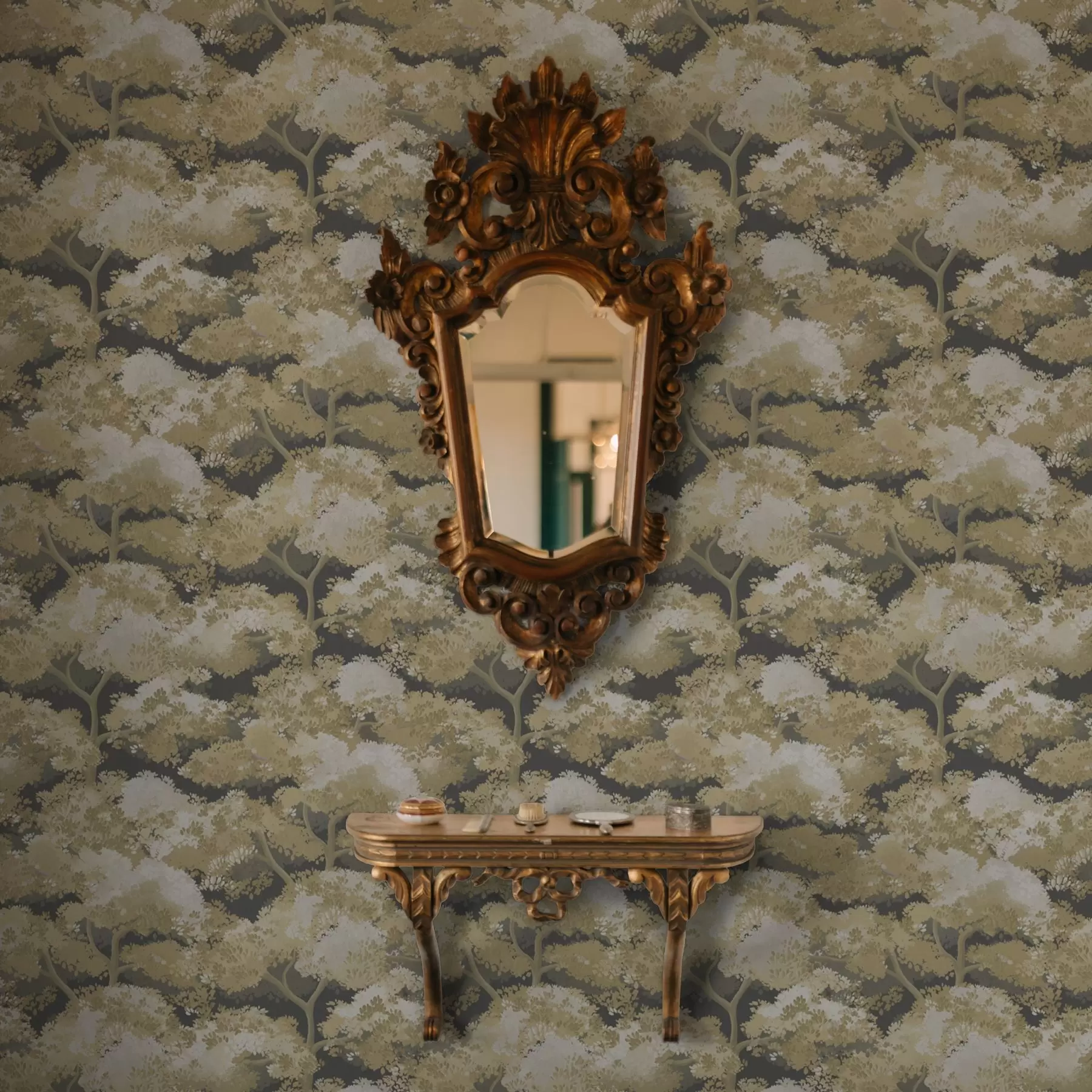 Fototapet Mörkt skogsmönster med träd i varma färger a00170