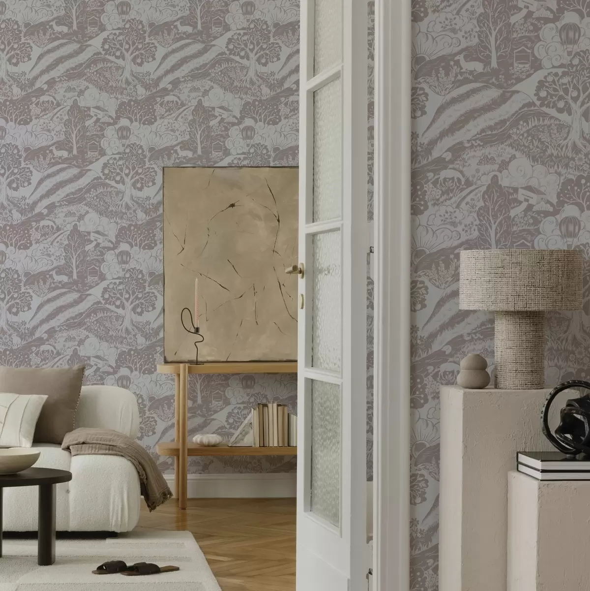 Bakgrund Pastellfärgad sagoillustration med djur och träd a00172v1