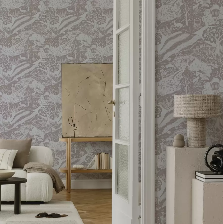 Fototapet Pastellfärgad sagoillustration med djur och träd a00172v1