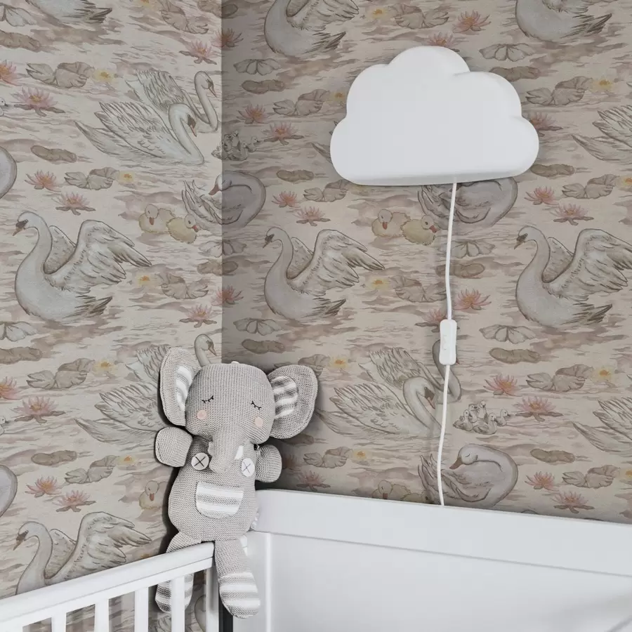 Fototapet Svanar med ungar på rosa bakgrund med näckrosor a00176