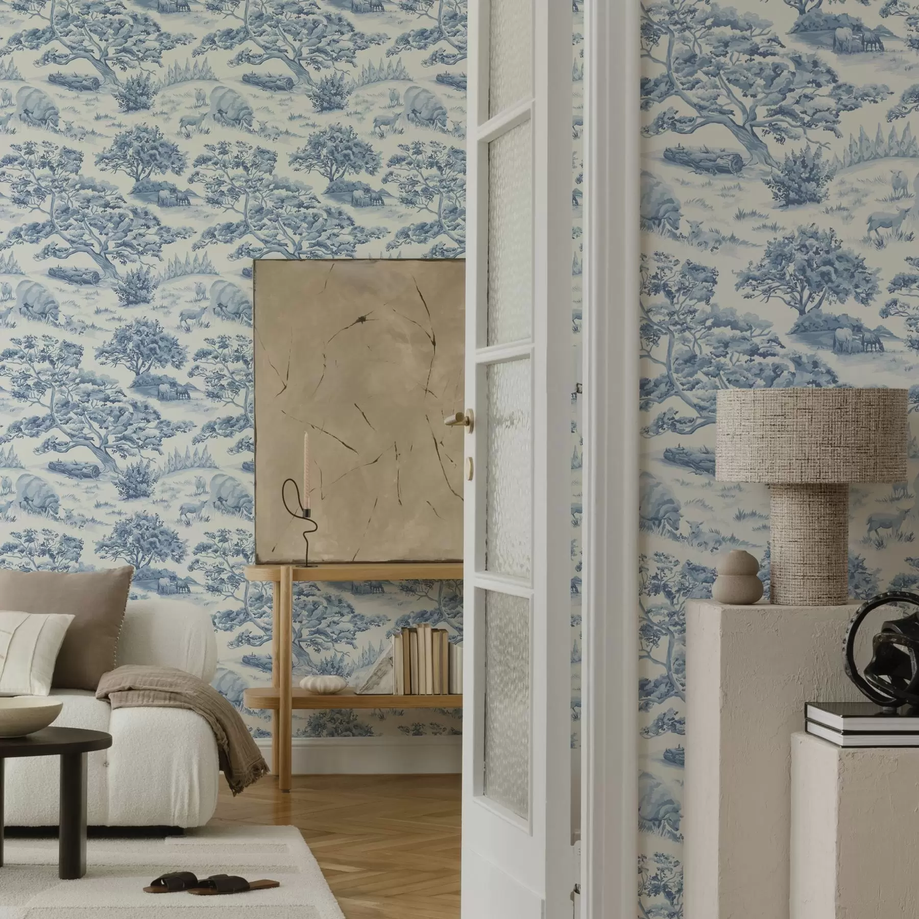 Fototapet Lantligt landskap i blå toner med får och träd a00178