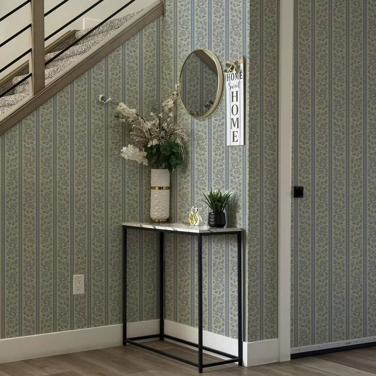 Bakgrund Randigt blommigt prydnadsföremål med ekollon i blå och beige toner a00181