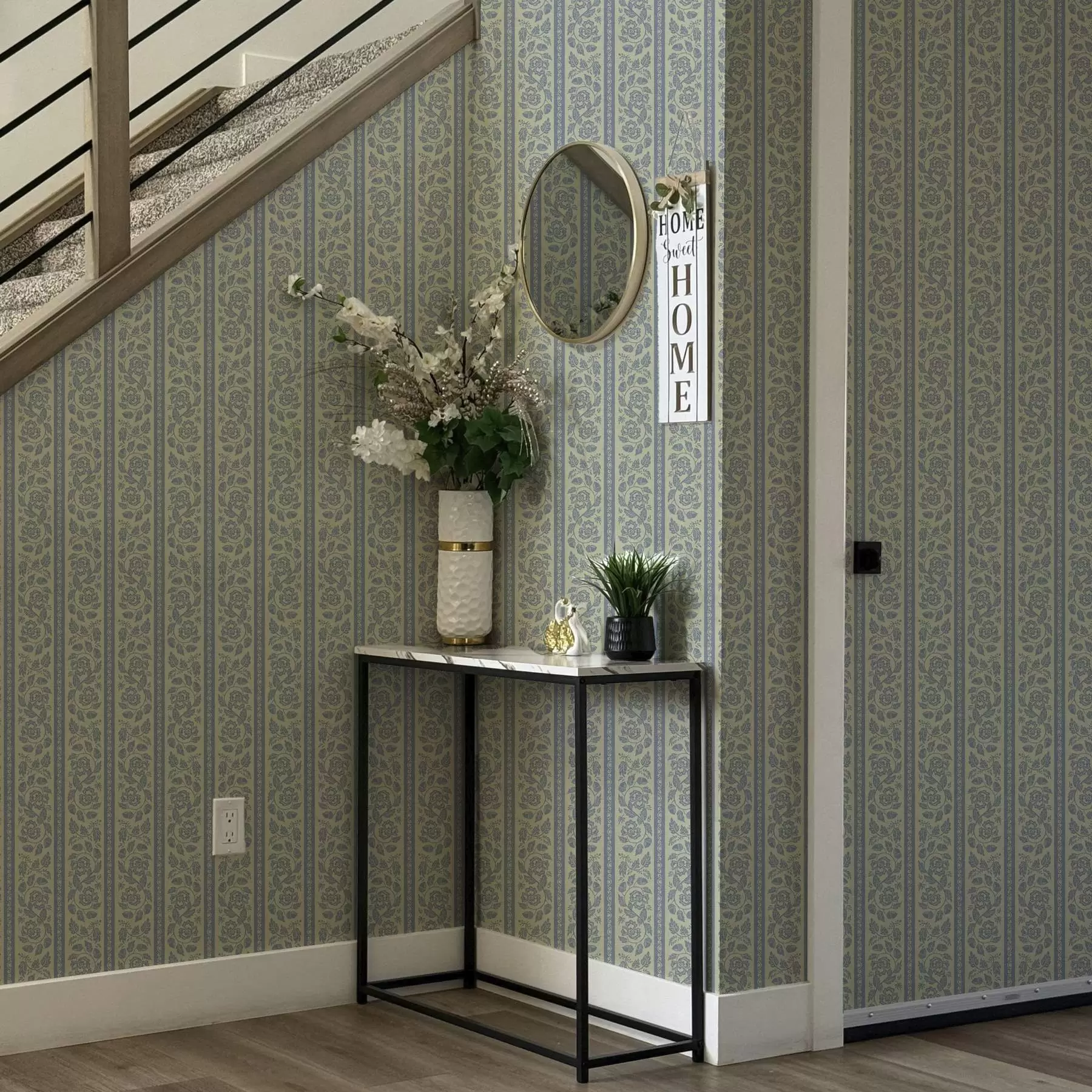 Fototapet Randigt blommigt prydnadsföremål med ekollon i blå och beige toner a00181
