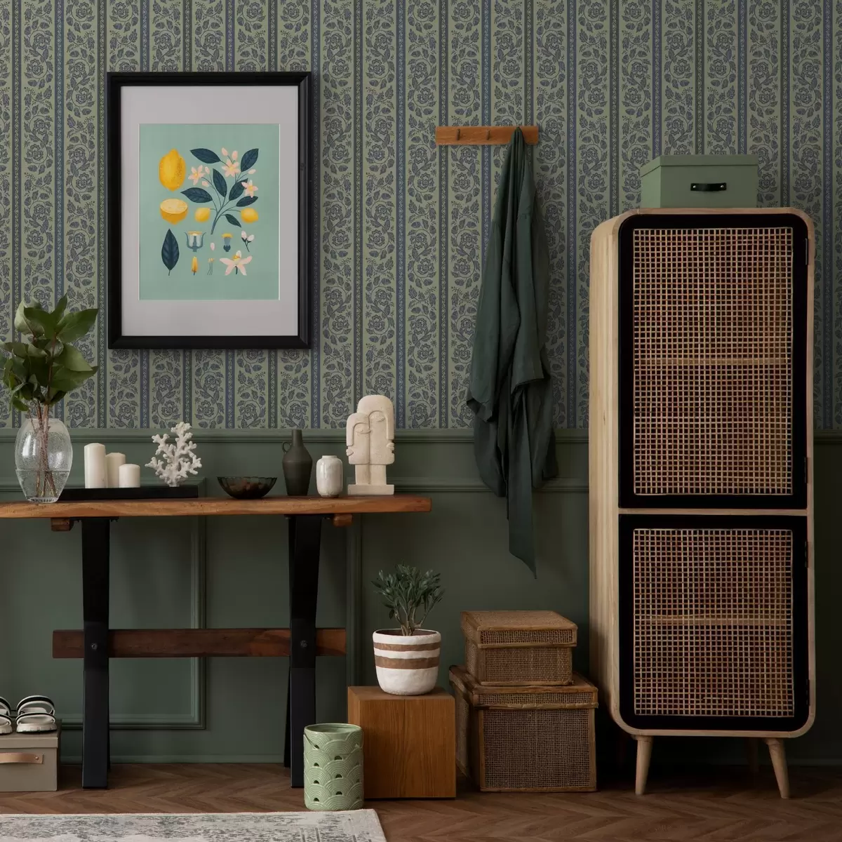 Bakgrund Vintage blå prydnad med blommor och ekollon a00181v1