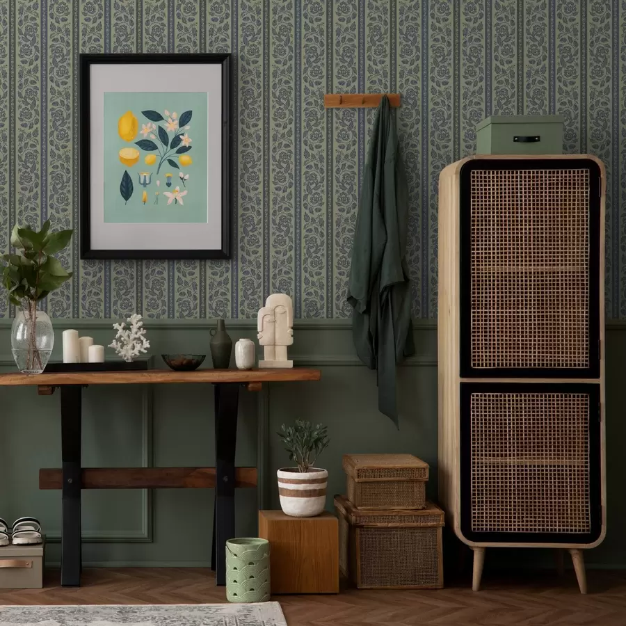 Fototapet Vintage blå prydnad med blommor och ekollon a00181v1