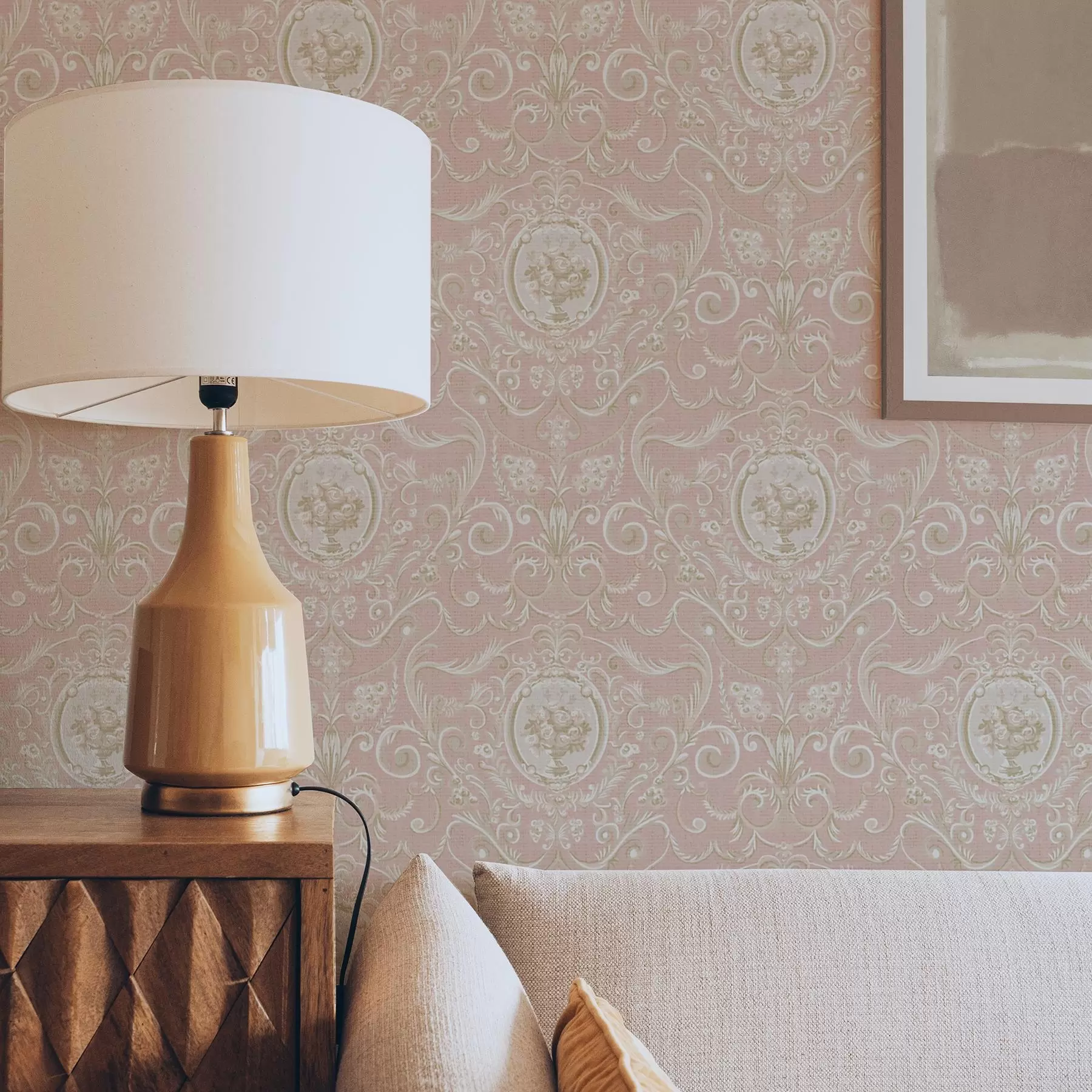 Fototapet Rosa klassiskt mönster med medaljonger och blommor a00185