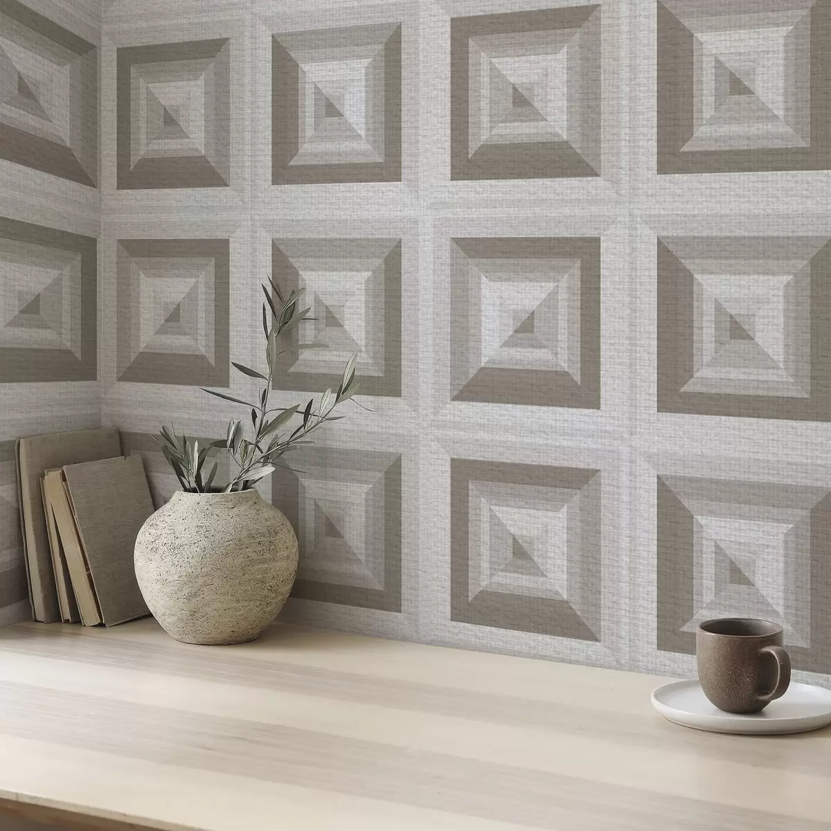 Bakgrund Geometriskt tredimensionellt mönster i grått och beige a00187